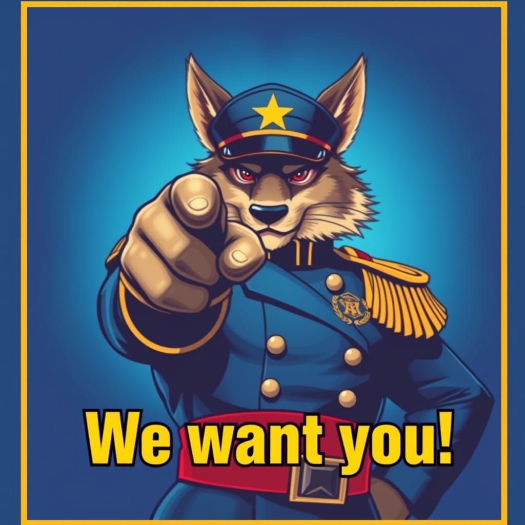 An image of a propaganda war poster featuring a furry pointing at the viewer words overlaid read "We want you!"
