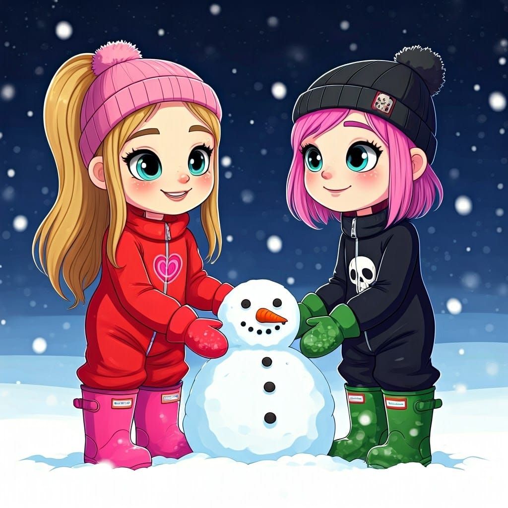 Sisters Build Snowman in Frosty Winter Wonderland Scene