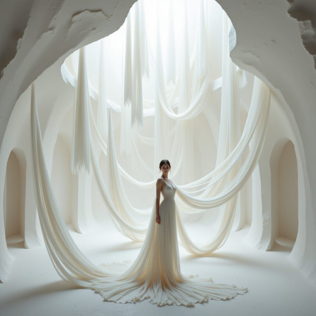 Ethereal Woman in White Silk Amidst Alabaster Architecture