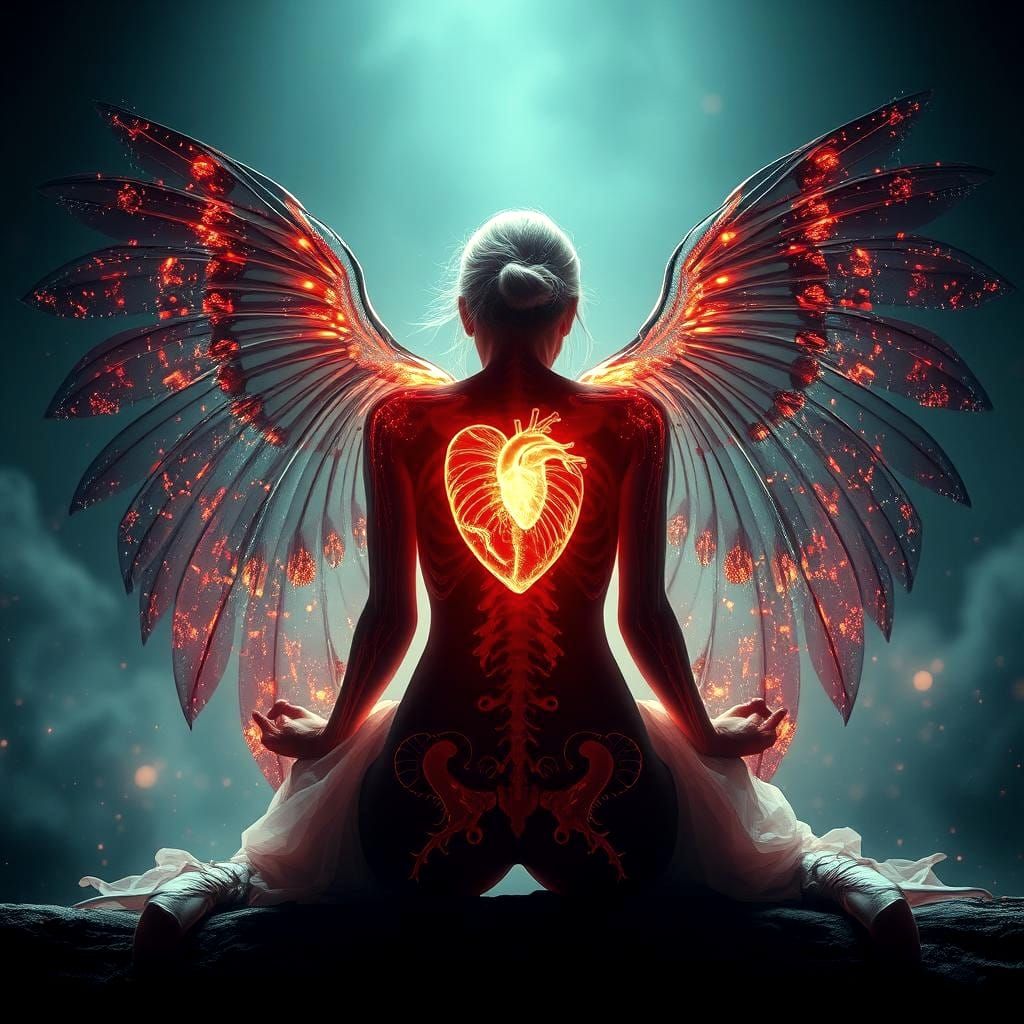 Woman with Translucent Wings in Mysterious Space