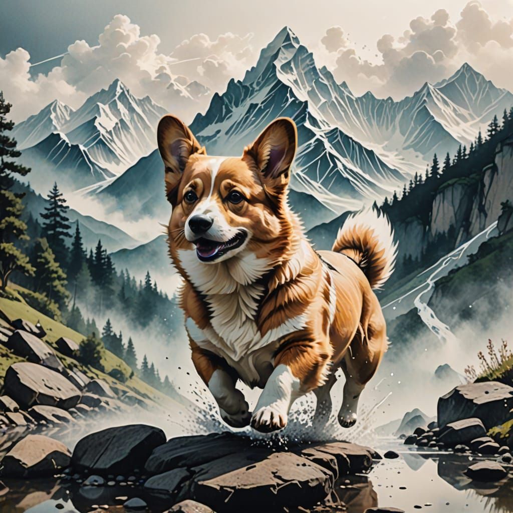 Fantastical Corgi in Dreamlike Mountainscape