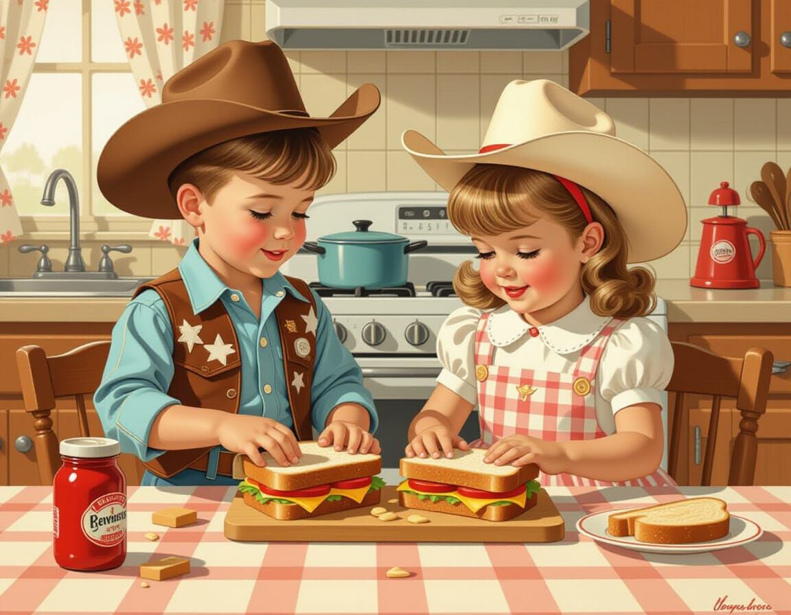 Cowboy Kids Make Sandwiches in 1950s Kitchen