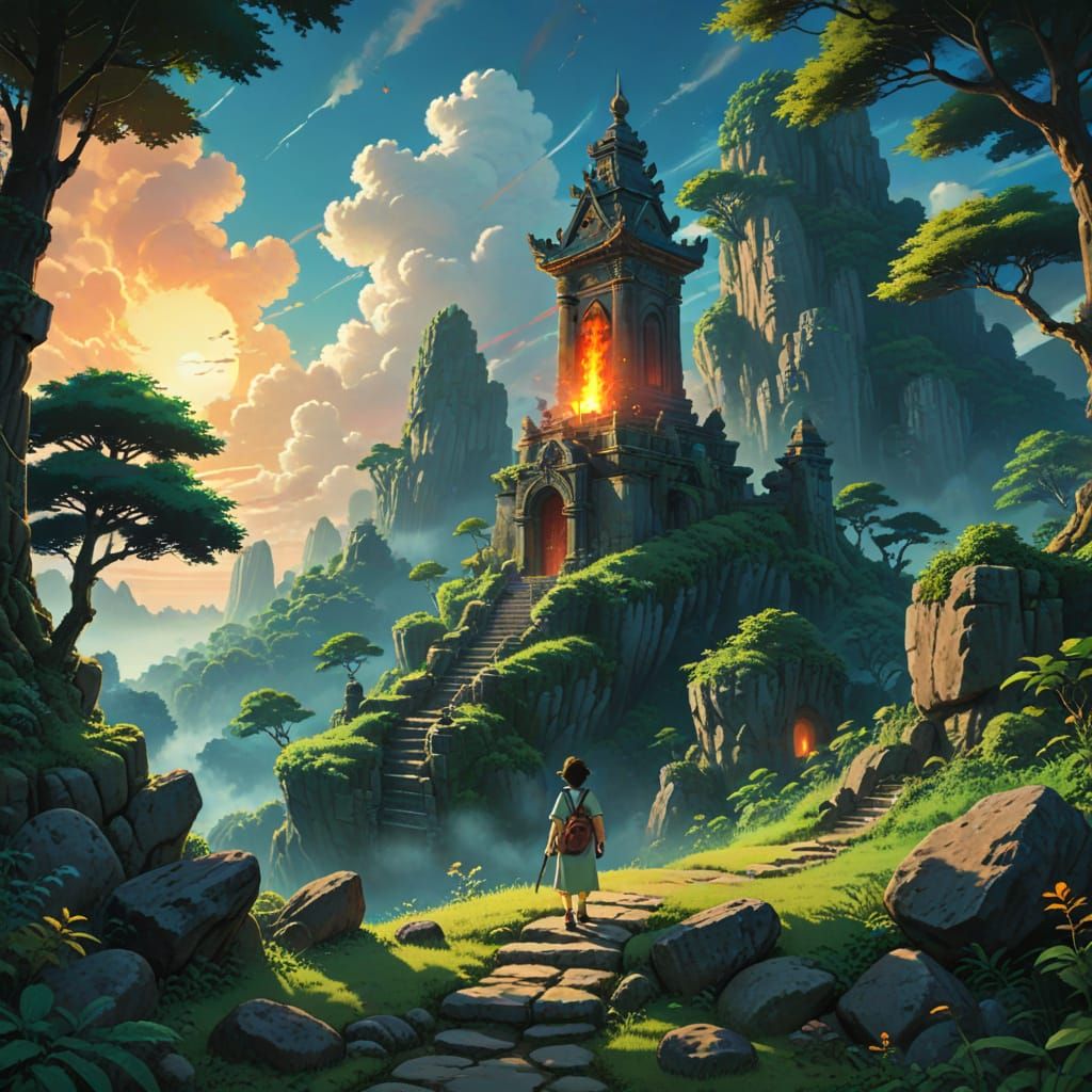 Explorer at Forgotten Temple Entrance in Digital Painting