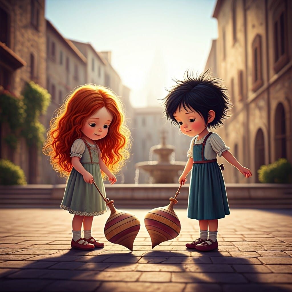 Girls Playing in Italian Square: 3D Digital Art