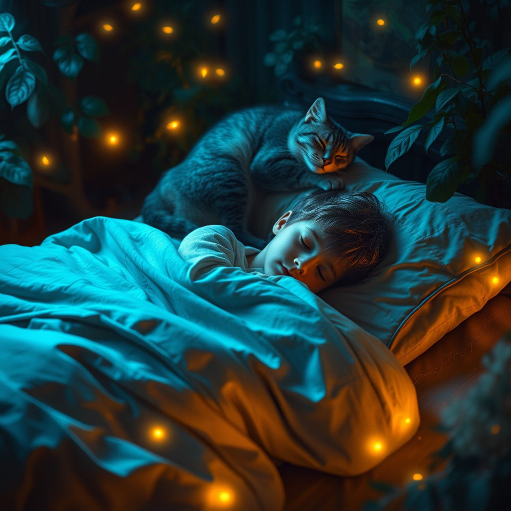Boy and Cat Asleep in Mystical Bedroom