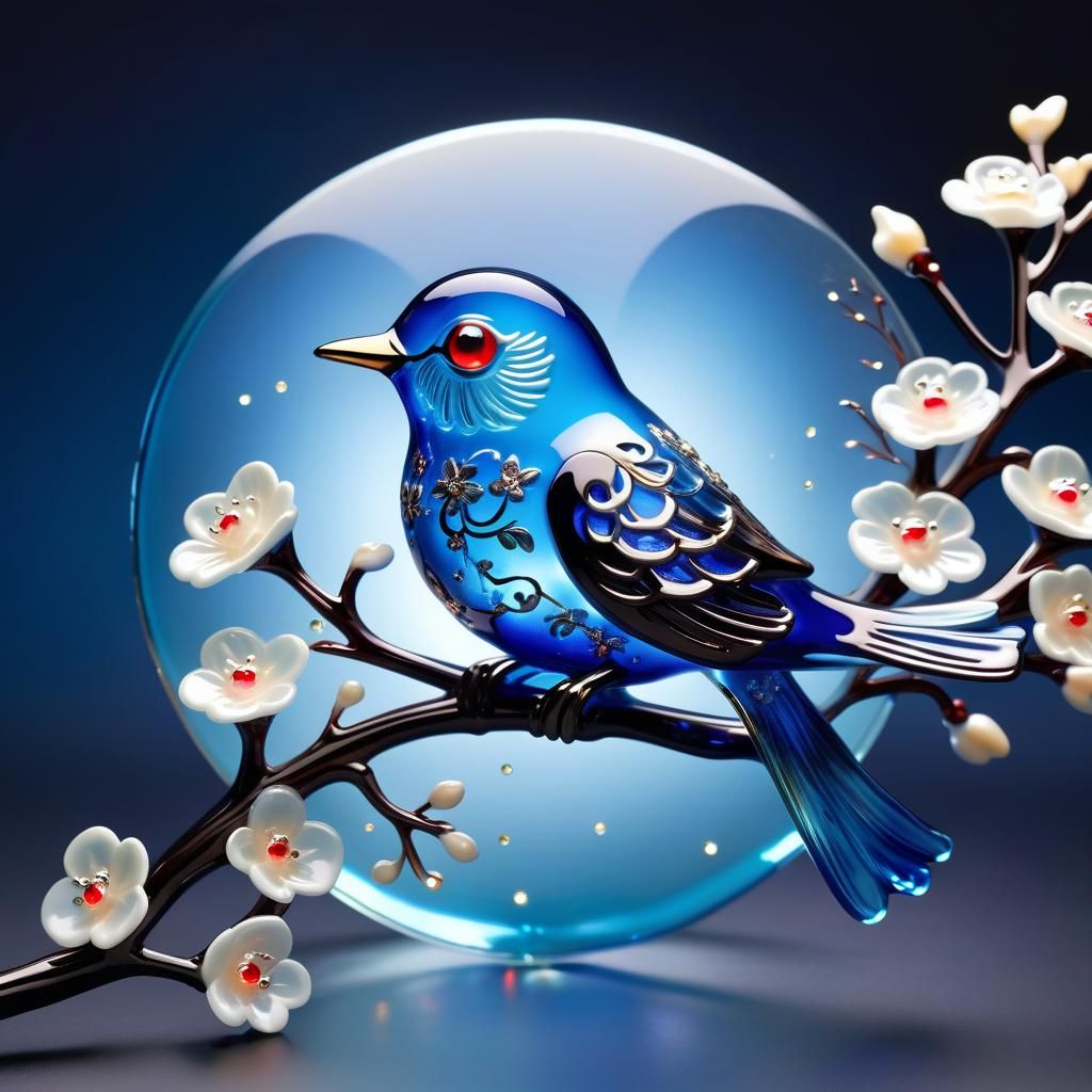 Luminous Blue Glass Bird on Flowering Branch