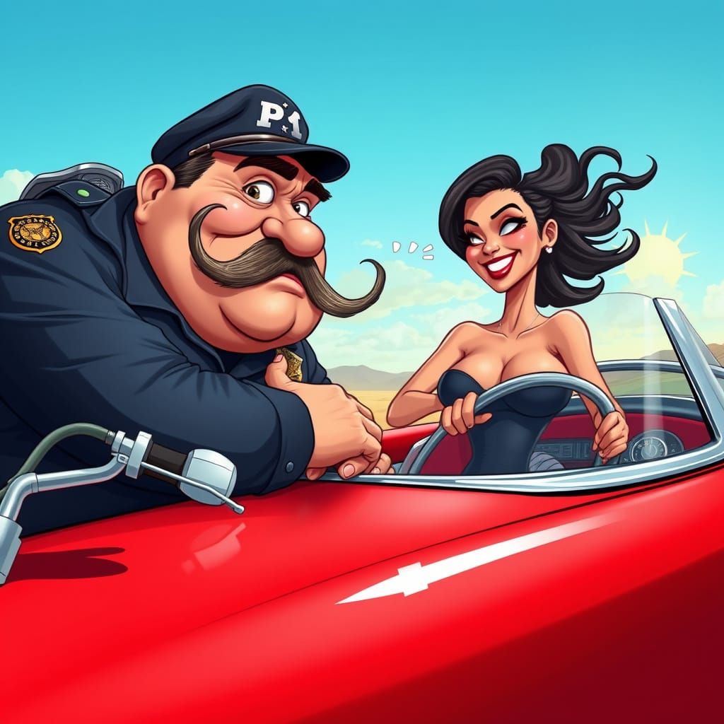 Sarcastic Cop Meets Curvy Car Driver in a Vibrant, Dreamlike...