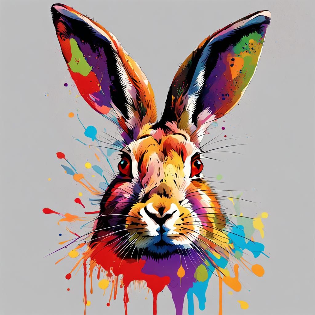 Abstract Hare Head with Colorful Paint Splatters