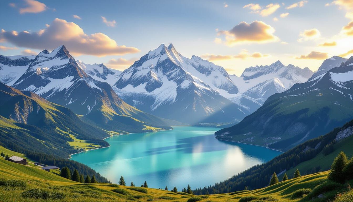 Majestic Swiss Alps Panoramic View in Golden Hour