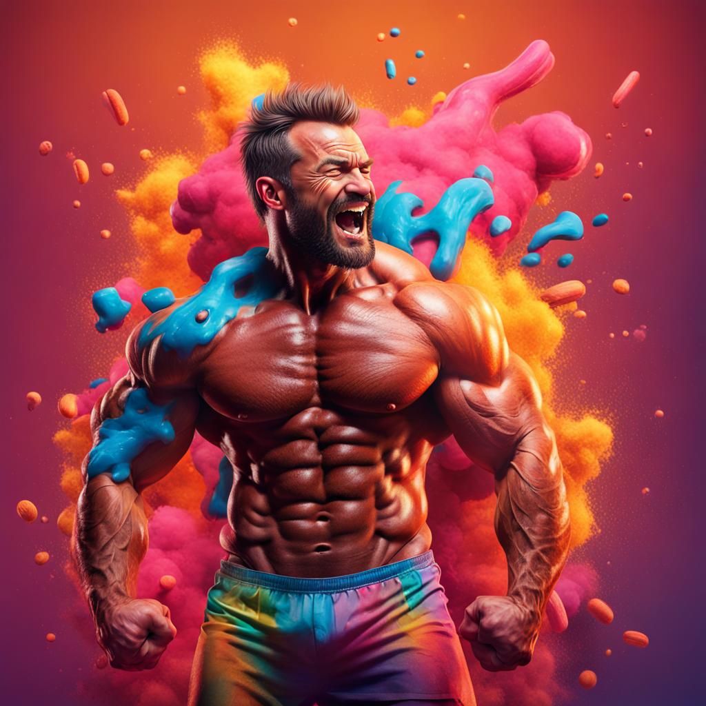 Hyperrealistic Bodybuilder Portrait in Colorful Splash Art