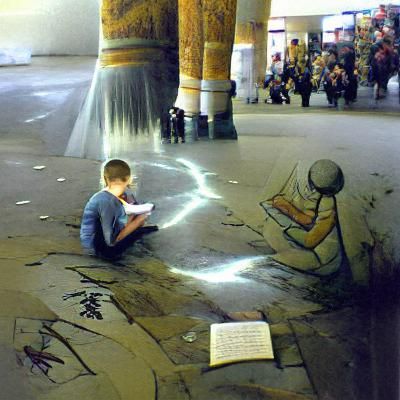Boy Reads Book by Waterfall: Graffiti Art