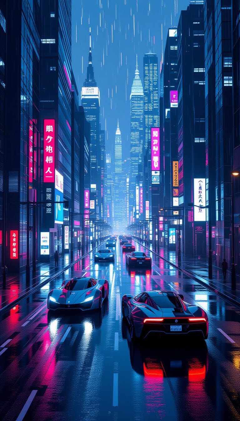 Cyberpunk Cityscape with Neon Lights and Hovercars