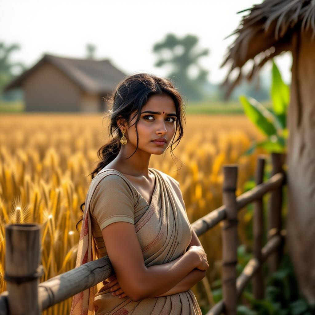 Melancholic Indian Woman in Village, Realistic Concept Art