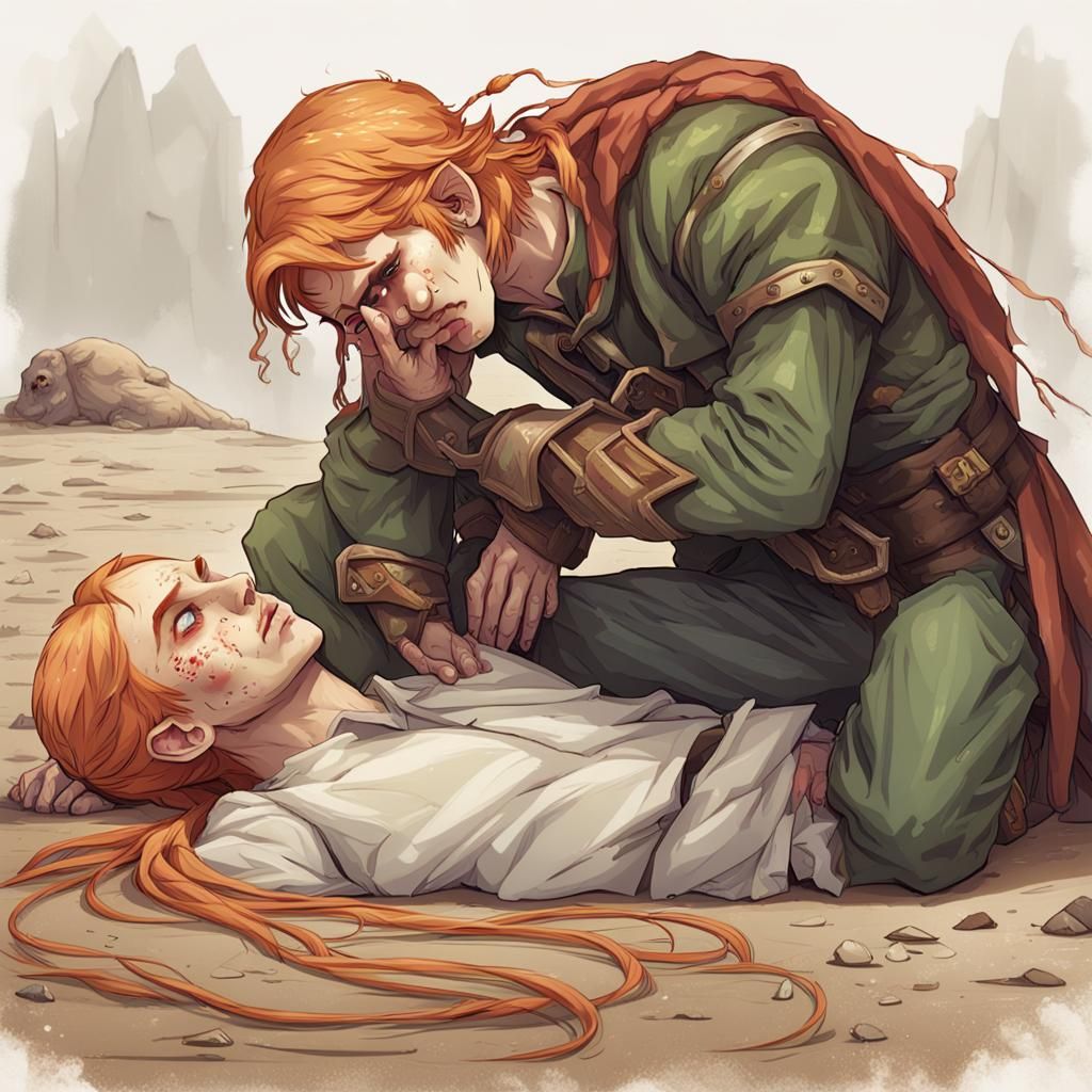 Elf Woman Cries Over Dead Man