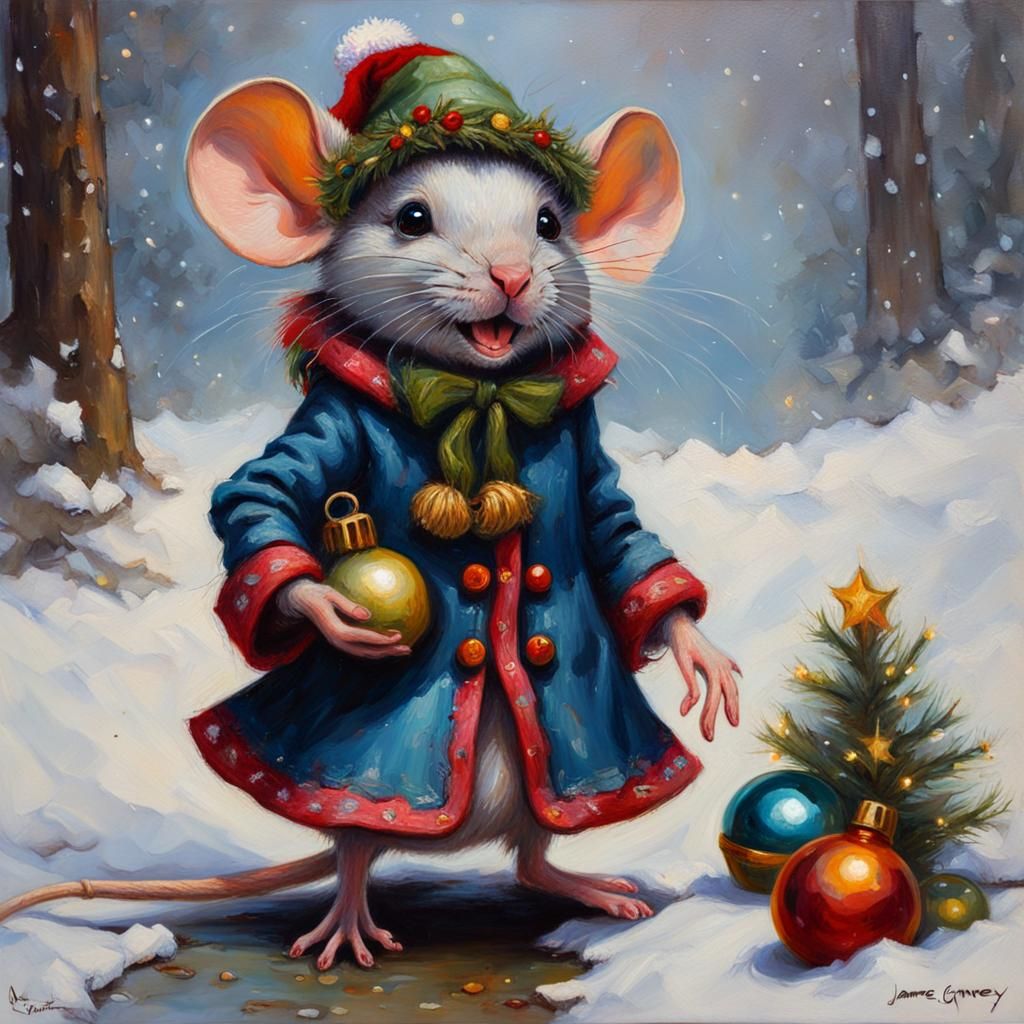 Adorable Christmas Mouse Oil Painting