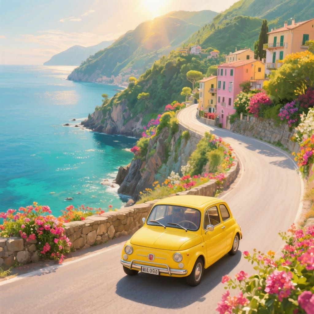 Fiat on Italian Riviera in Painterly Style