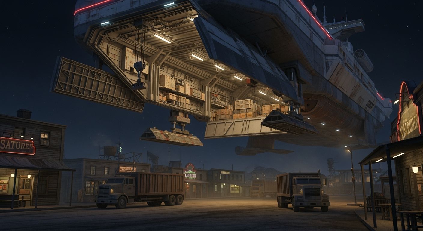 Cargo Ship Resupplies Gritty Alien Mining Town