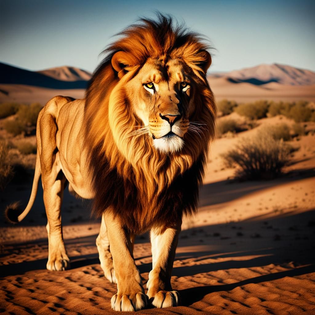 Hyperrealistic Lion Portrait in Desert Landscape