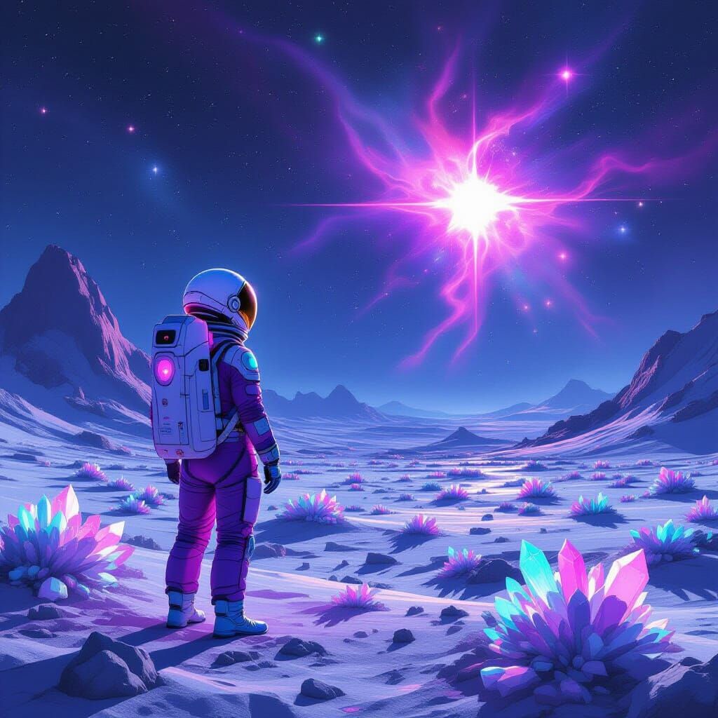 Astronaut Gazes at Neutron Star on Alien Moon