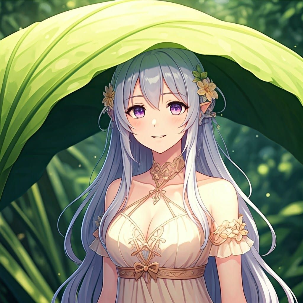 Anime Fairy Sheltered by Giant Leaf