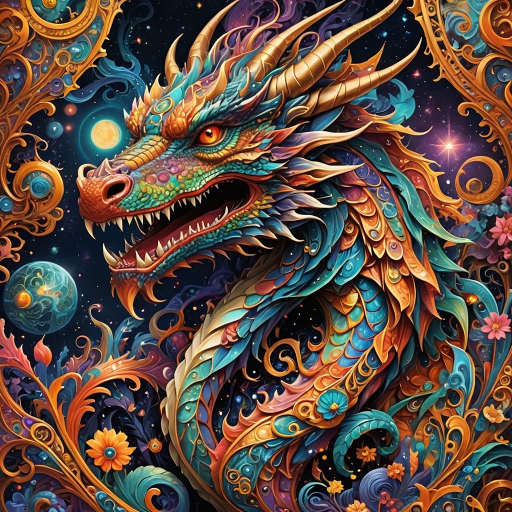 Psychedelic Cosmic Dragon Portrait in 3D