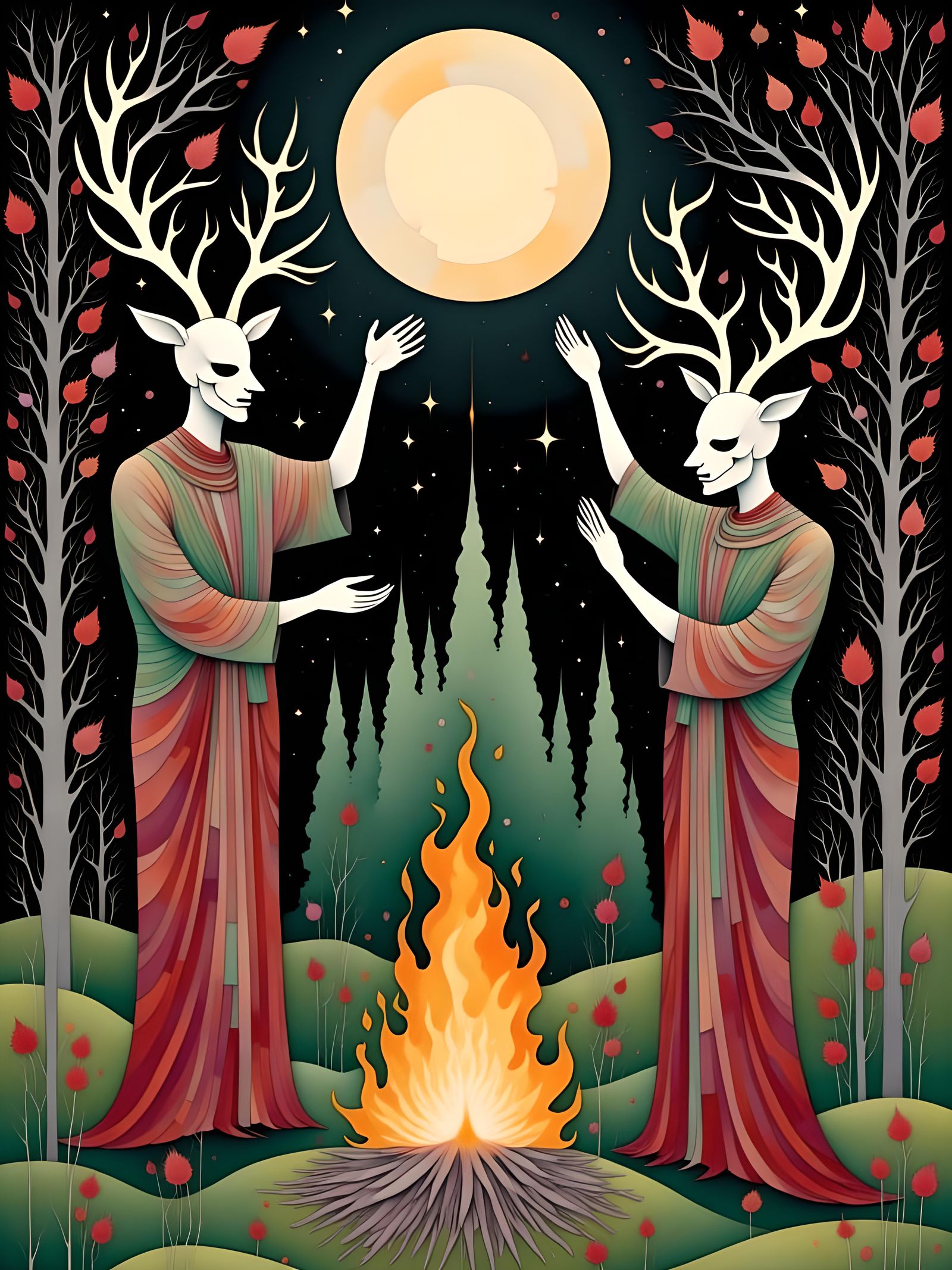 Druids Praying to the Moon in Mystical Night