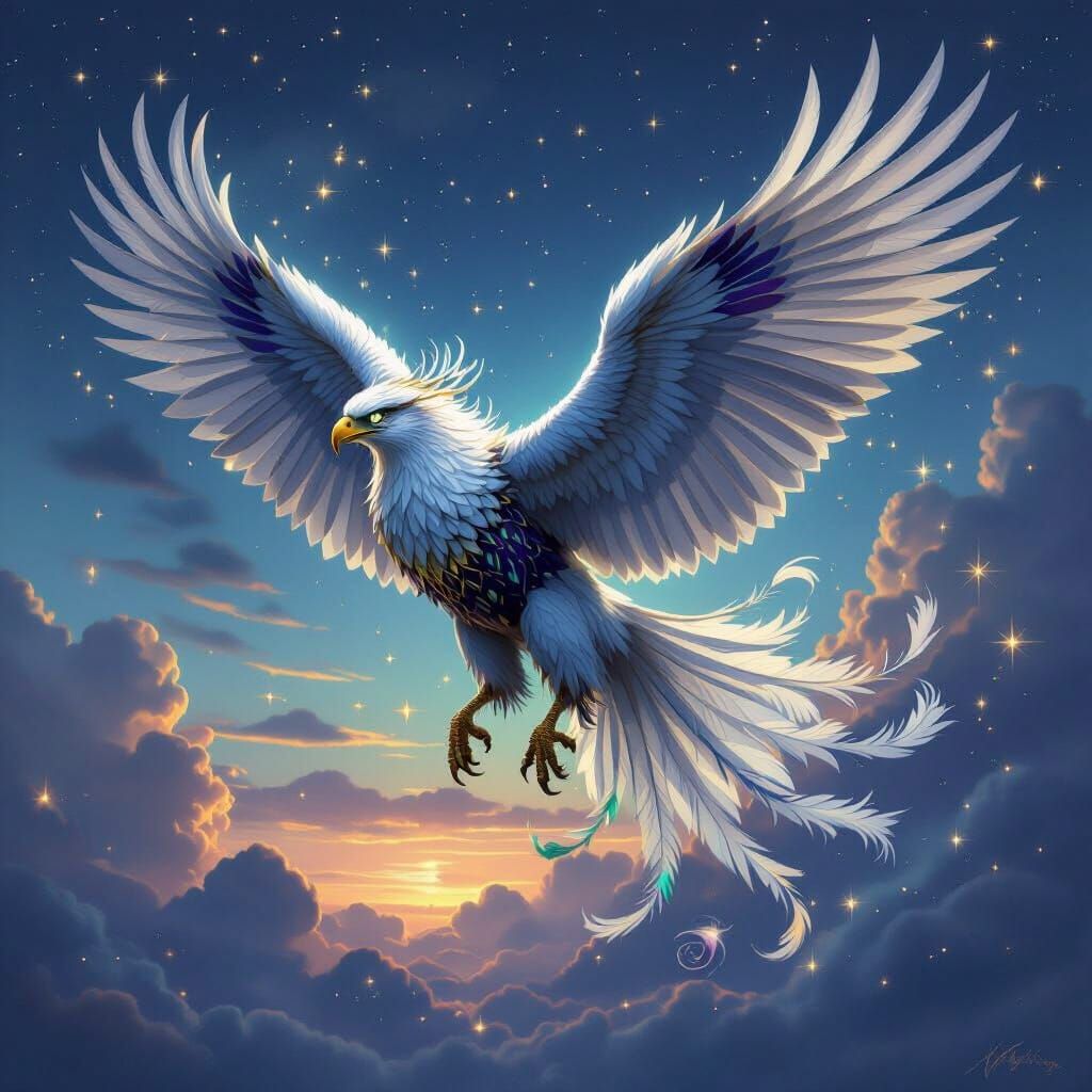 A majestic griffin with feathers of amethyst and emerald soa...