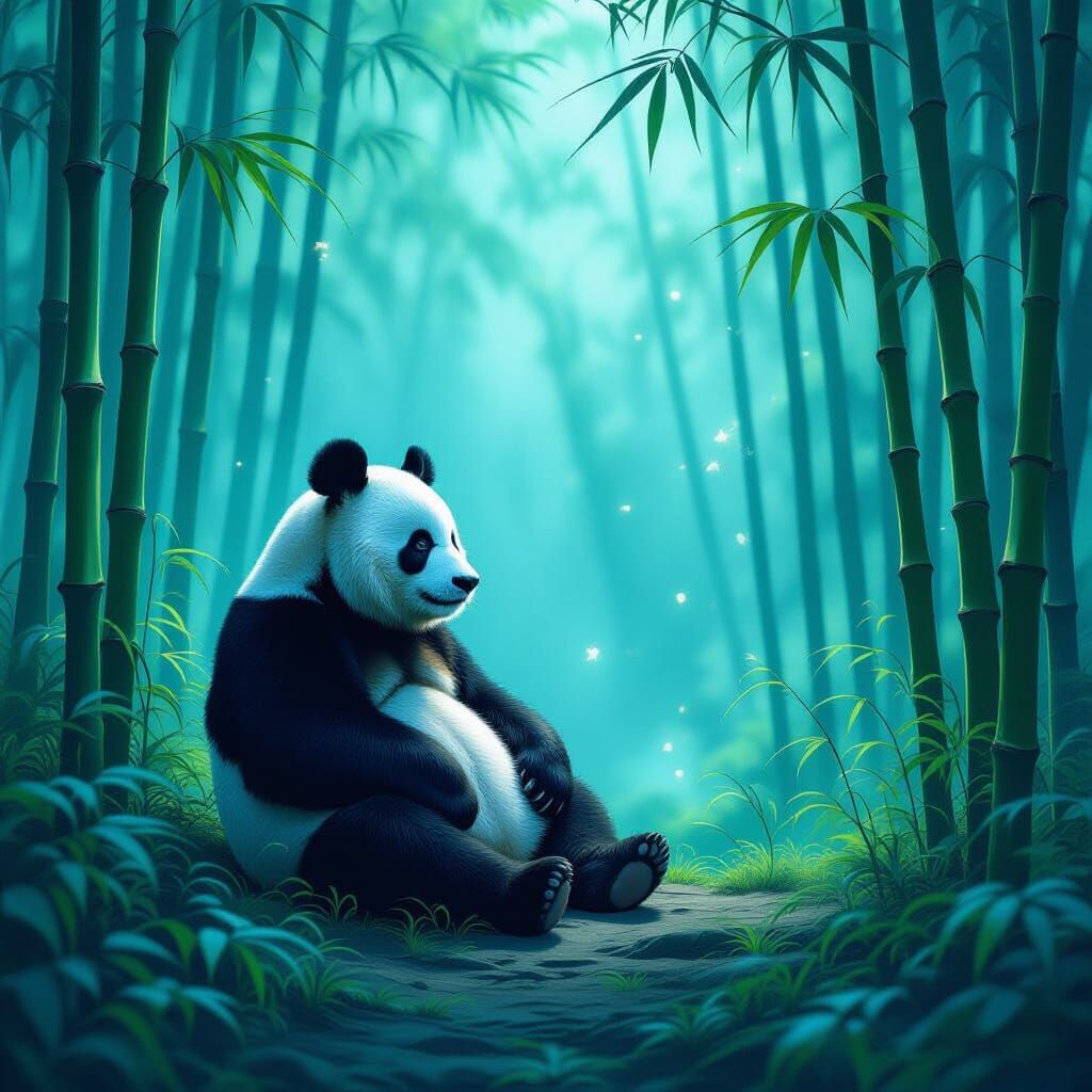 Ancient Panda Meditating in Ethereal Bamboo Forest