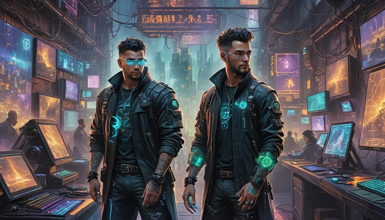 Cyberpunk Hacker in Ethereal Digital World