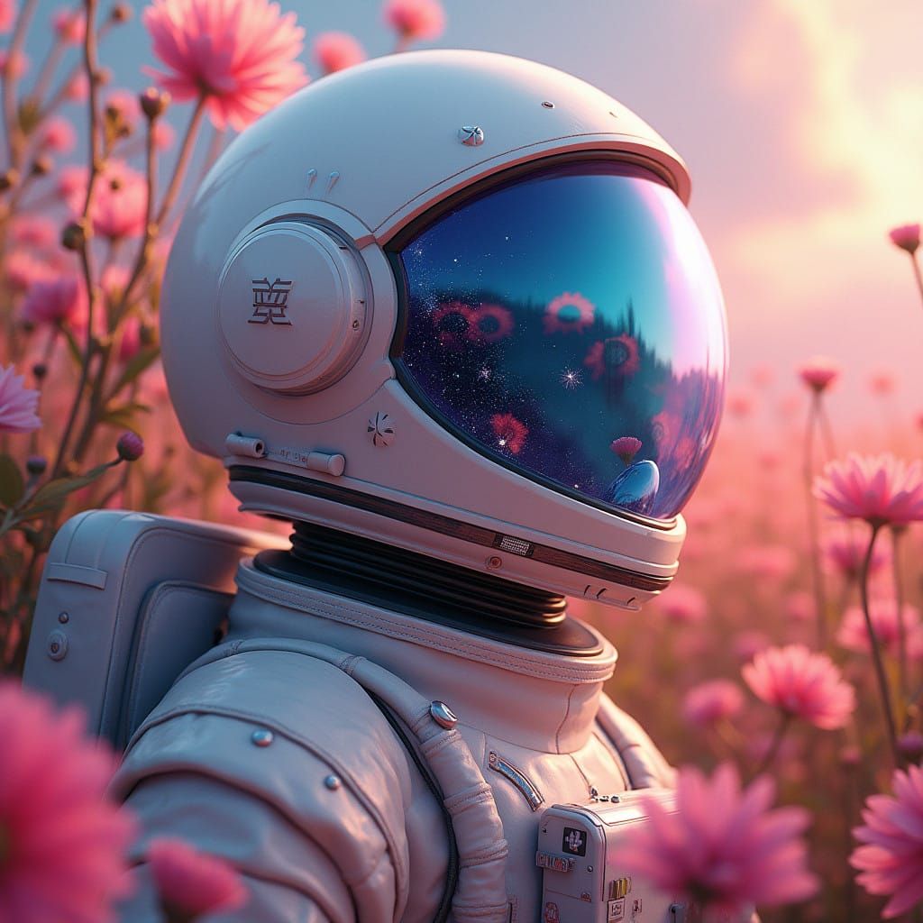 Astronaut Settles Amidst Vibrant Floral Garden with Cosmos R...