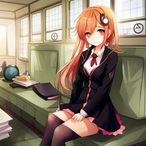Cute Anime Girl with Orange Hair in School