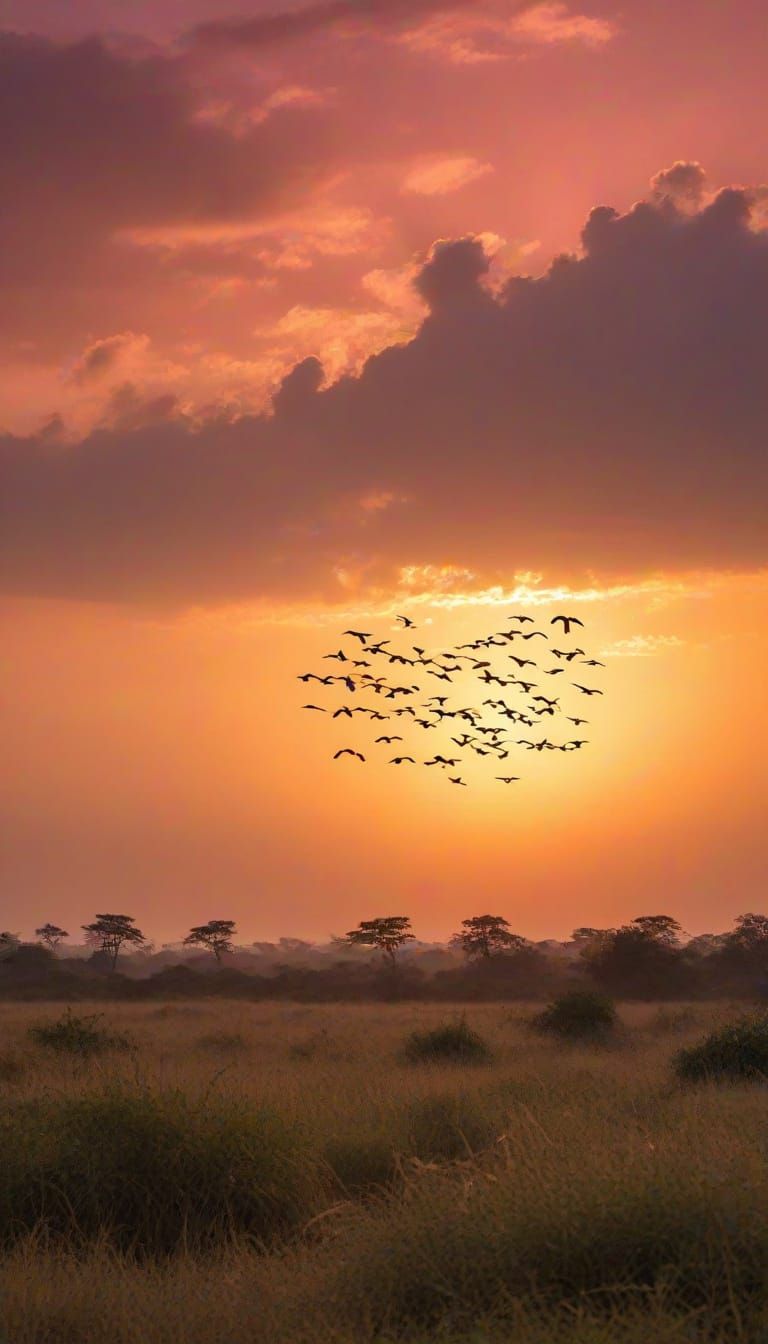 African Geese Flying at Sunset over Savannah