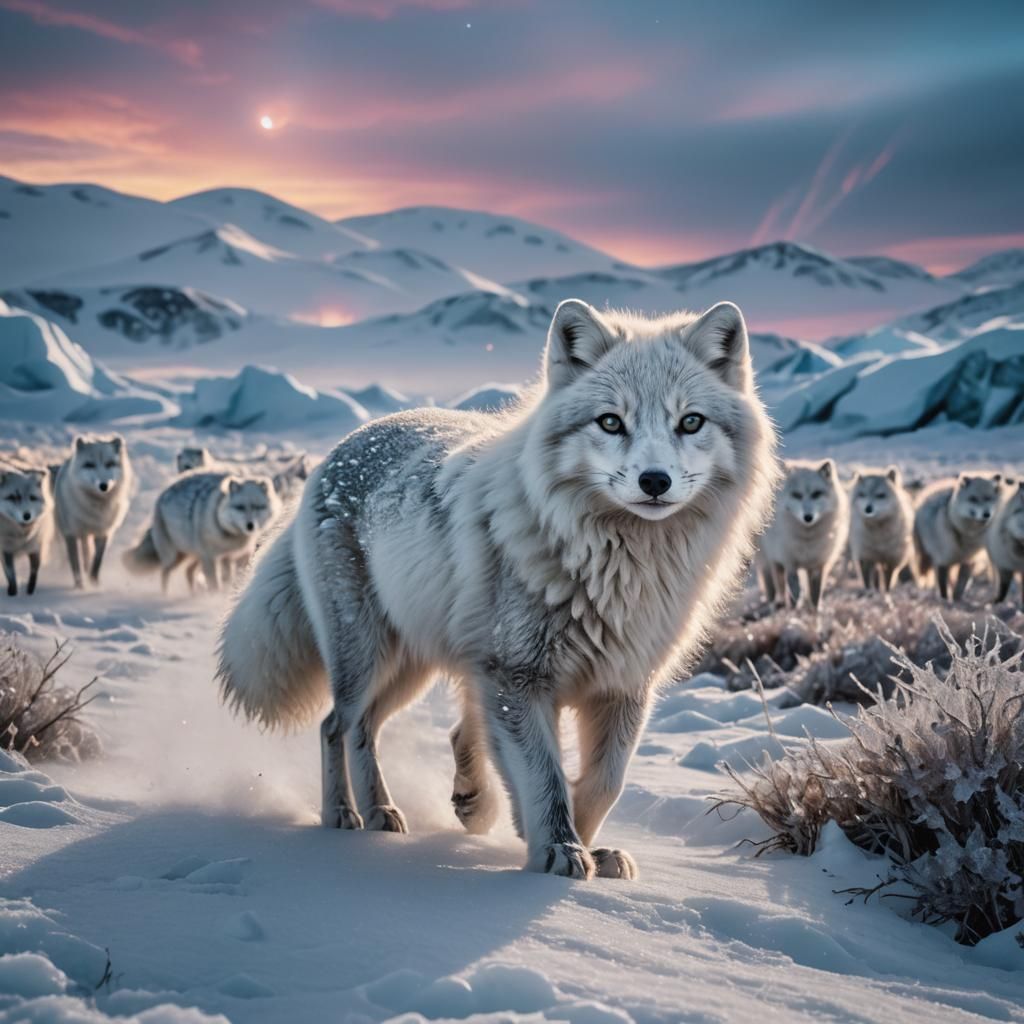 Armored Arctic Fox Leading Pack Across Frozen Tundra