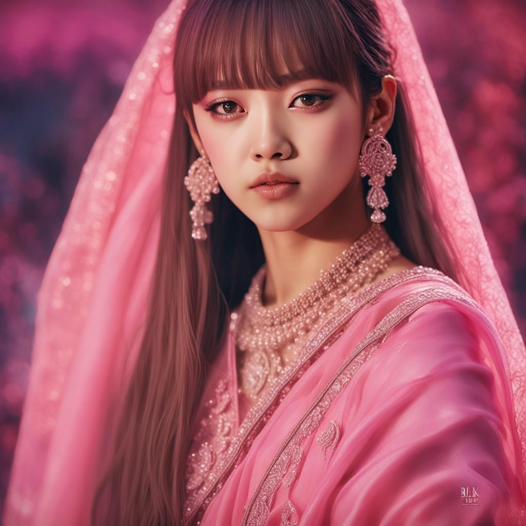 Lalisa Manoban in Pink Saree: Hyperrealistic Portrait