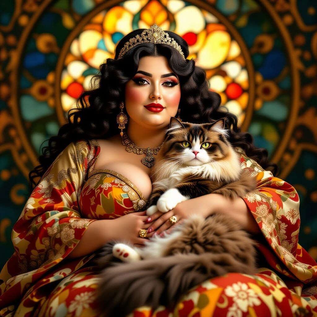 Persian Woman with Cat in Gustav Klimt Style