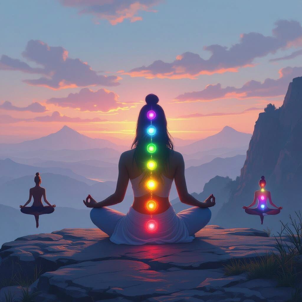Meditating Yogis with Radiant Chakras at Twilight