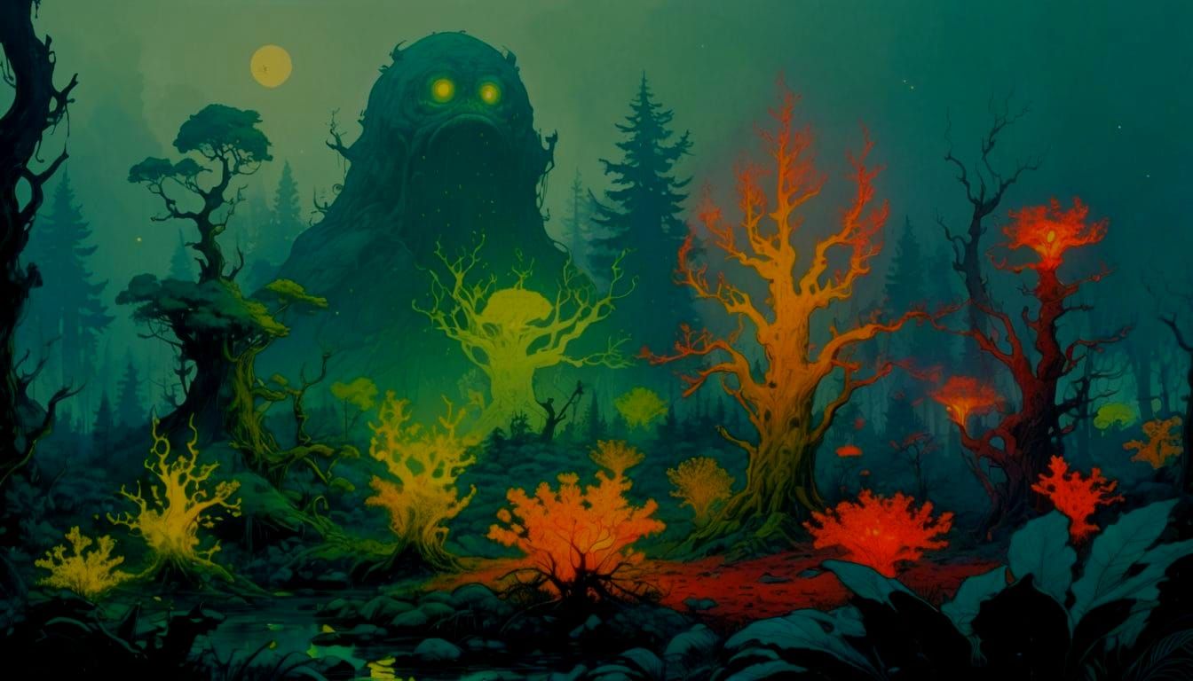 Glowing Mutant Creature in Forest, Moebius Style