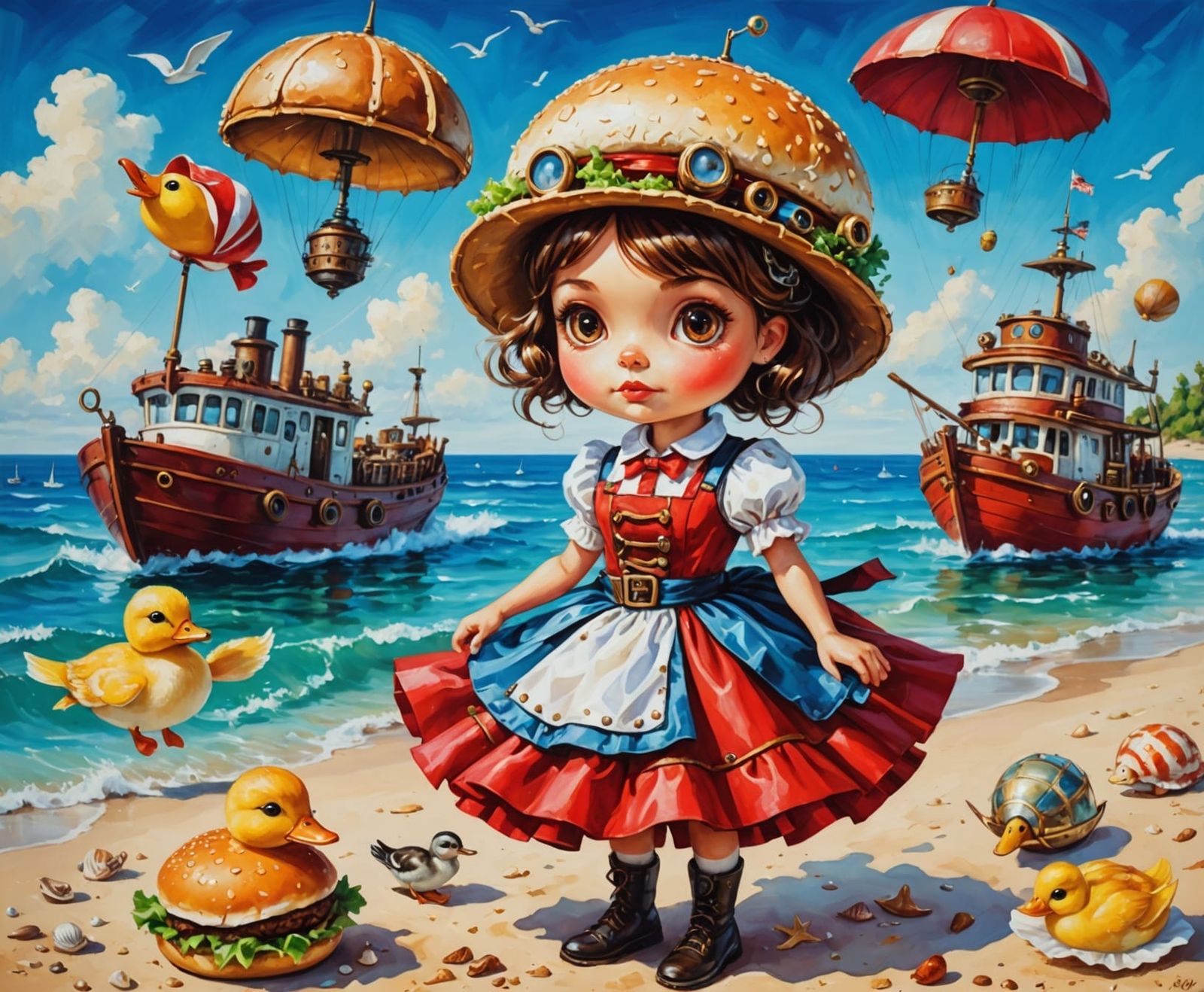 Steampunk Hamburger's Beach Vacation in Oil Painting Style