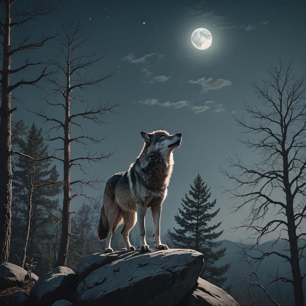 Wolf Gazing at Moon in Moody Landscape