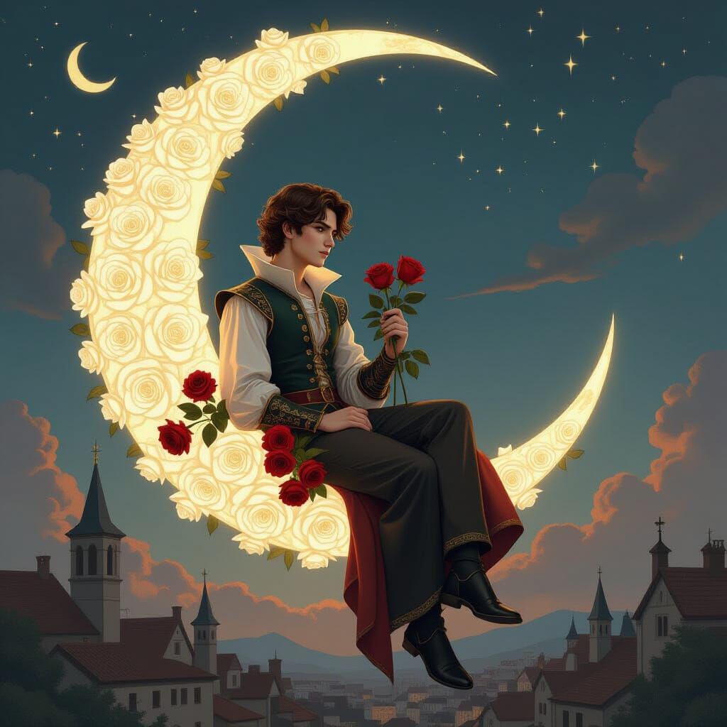 Prince on Crescent Moon with Roses, Da Vinci Style