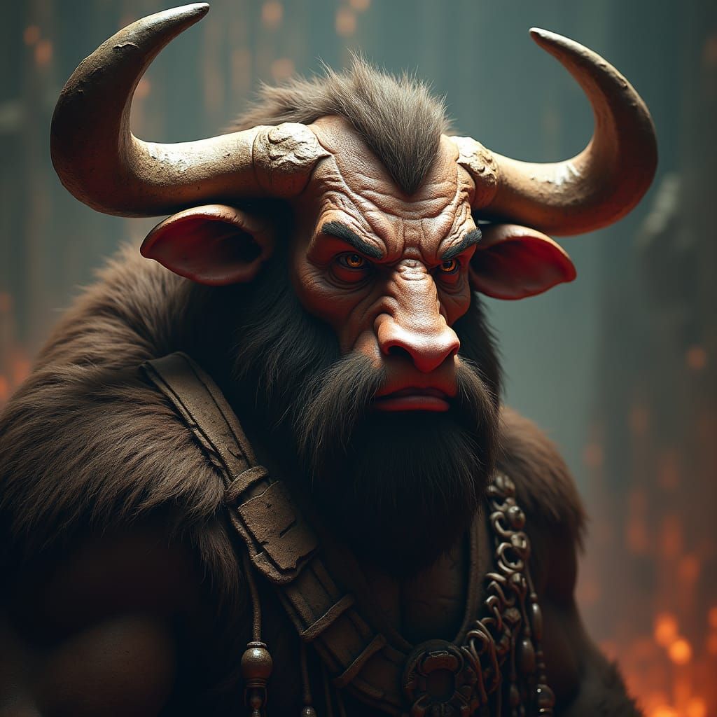 Rugged Bull-Man in Dark Fantasy Landscape