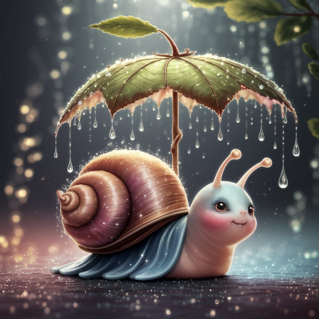 Whimsical Snail Under Rainy Leaf