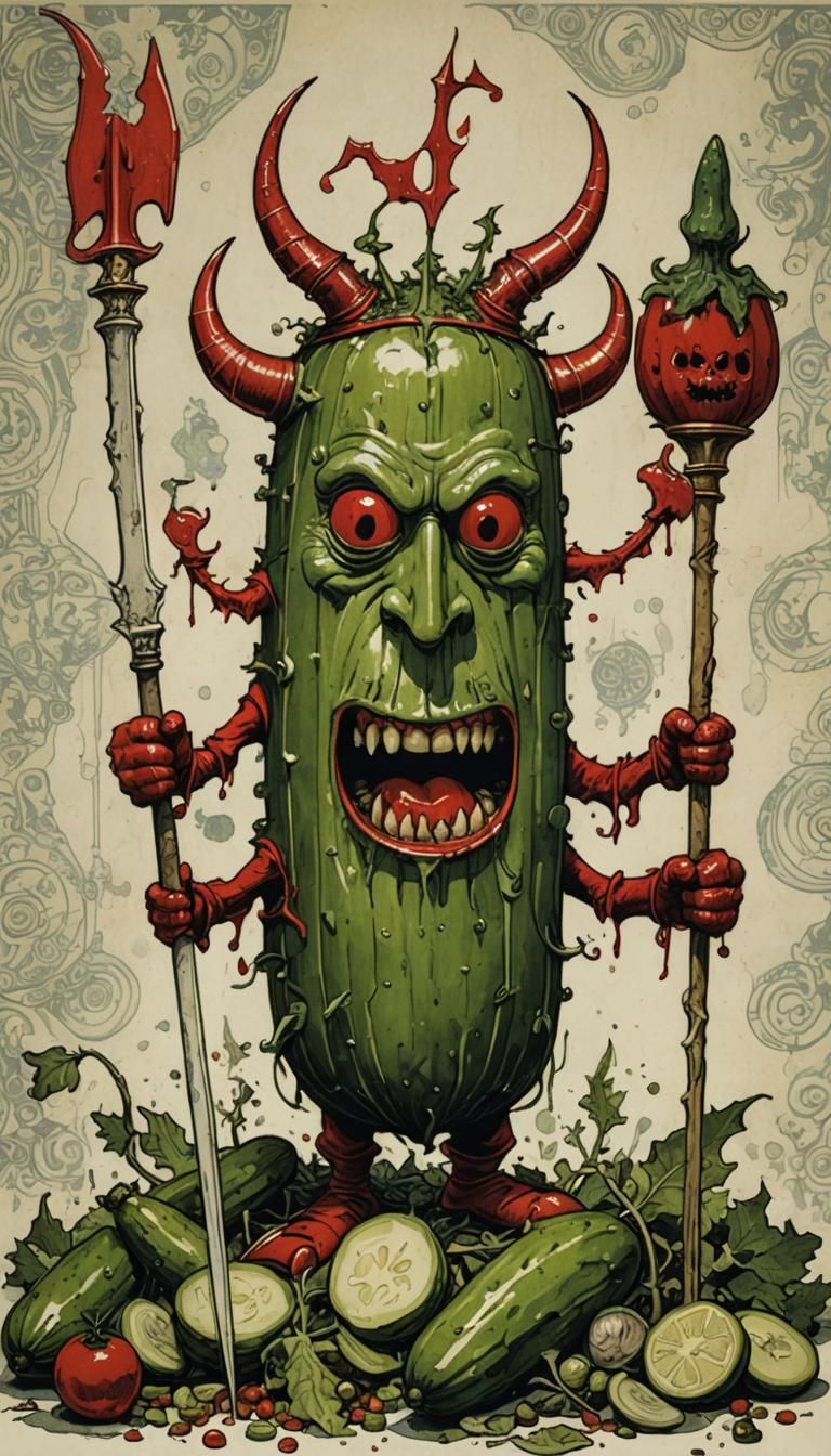 Devil Impales Pickle with Trident Illustration