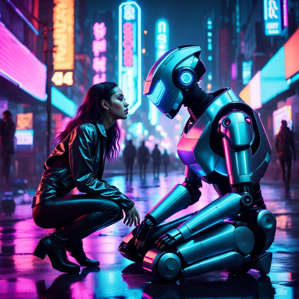Cyberpunk Kiss: Girl and Robot in Neon City