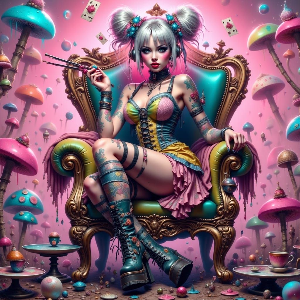 Trashpunk Queen on Teacup Throne in Dreamy Wasteland