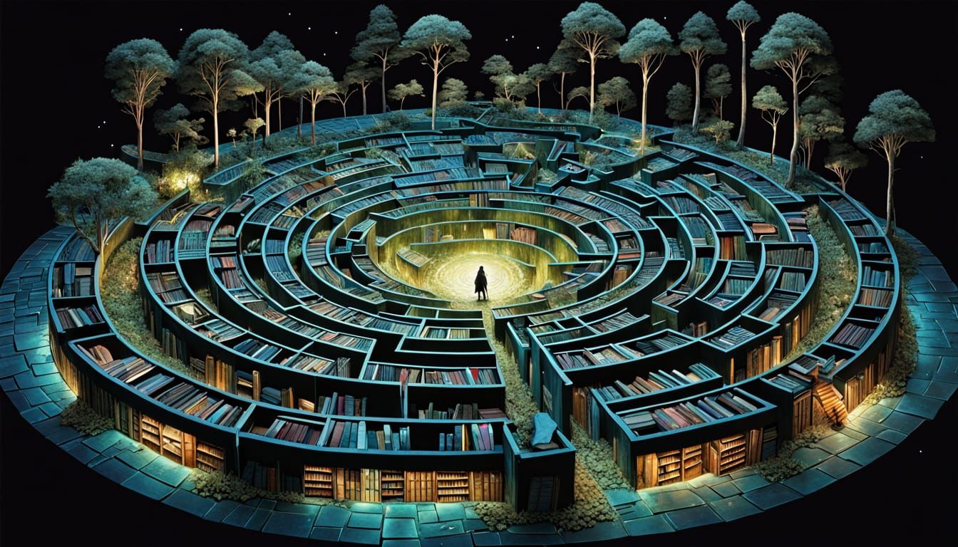 Surreal Library Labyrinth Under Moonlit Skies