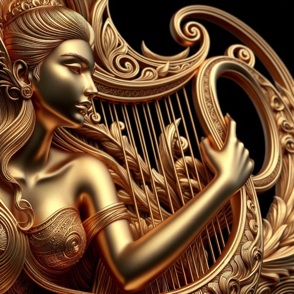 Detailed Golden Harp with Beautiful Woman Design
