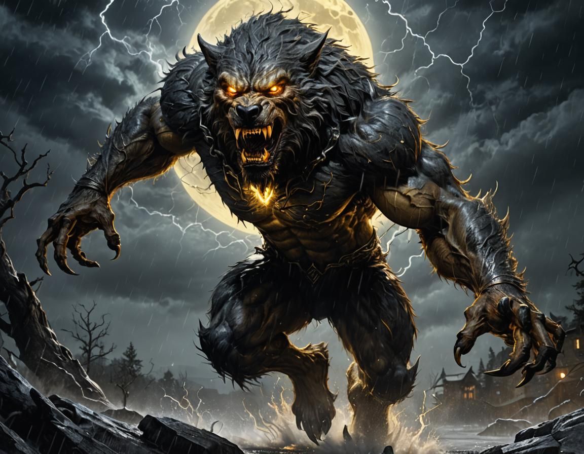 Muscular Werewolf Leaping in Storm, Dark Surrealism