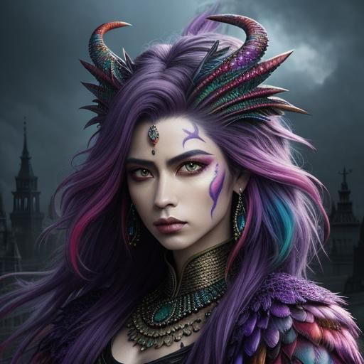 Rainbow Dragon Woman: Detailed Digital Matte Painting