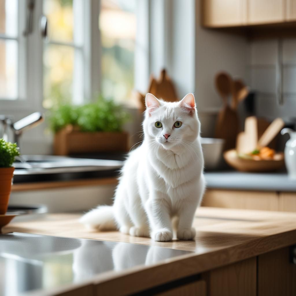 White Cat Portrait in Kitchen, Natural Lighting